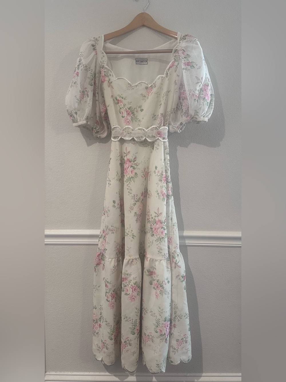 Sue Sartor Vintage-Style Floral Dress with Puff Sleeves - Pink on White